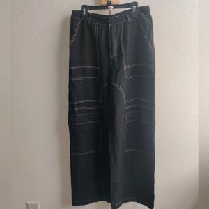 NWT Bobbles and Lace Black Linen-blend Cargo wide-leg goth Grunge Pants_Medium